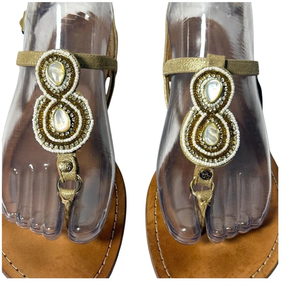 LILLY PULITZER Beaded Gold‎ Leather T-Strap Thong Sandals Size 7.5M